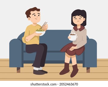 Illustration of a young couple, cafe visitor on couch of café having food and chatting. Modern flat vector concept illustration.