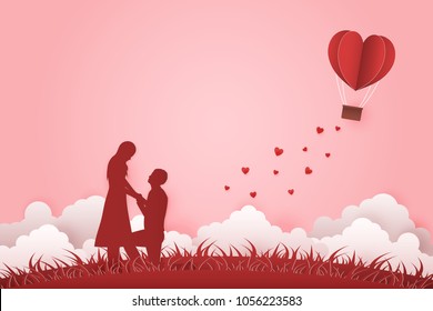 Illustration Young couple dating in Valentine day , Man kneeling to propose married to woman. Paper Heart shape balloon floating in the sky . Paper Sculpture art Style , Vector