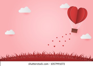 Illustration Young couple dating in Valentine day . Paper Heart shape balloon floating in the sky . Paper Sculpture art Style , Vector