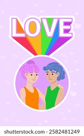 Illustration of a young couple embracing, framed by a circle, with a rainbow and the word love above, celebrating love and lgbtq+ pride