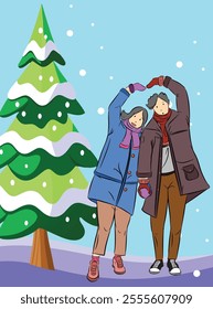  Illustration of Young couple, enjoying, dressed warm. Woman with a man in the evening under falling snow in the city park by the christmas tree. Vacation together in winter holidays