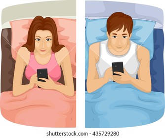 Illustration of a Young Couple Glued to Their Phones