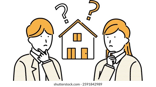 Illustration of a young couple having doubts about building a house