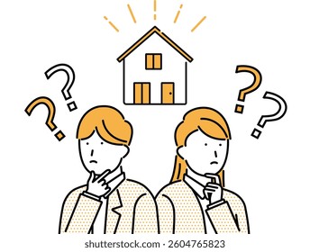 Illustration of a young couple having doubts about building a house