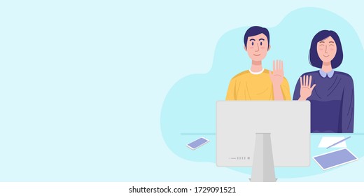 Illustration of a young couple having video chat with friends. Vector