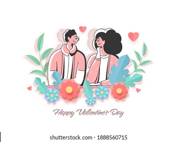Illustration Of Young Couple Looking Each Other With Paper Cut Flowers And Leaves Decorated On White Background For Happy Valentine's Day.