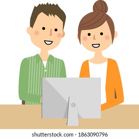 Es una ilustración de una pareja joven mirando la pantalla.