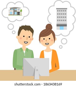 It is an illustration of a young couple looking at the screen.