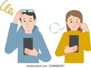 Ilustración de una pareja joven mirando un teléfono inteligente mientras sufre de presbicia, visión borrosa y dificultad para ver.