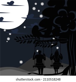 illustration of young couple in love under the tree and looking at the moon