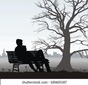  illustration young couple on a bench behind the historic city