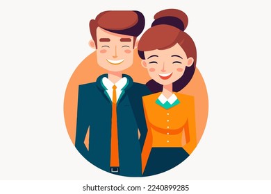 illustration of young couple portrait in love happy smiling joyful boy girl on valentine in vector flat color cartoon style