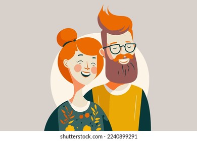 illustration of young couple portrait in love happy smiling joyful boy girl on valentine in vector flat color cartoon style