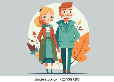 illustration of young couple portrait in love happy smiling joyful boy girl on valentine in vector flat color cartoon style