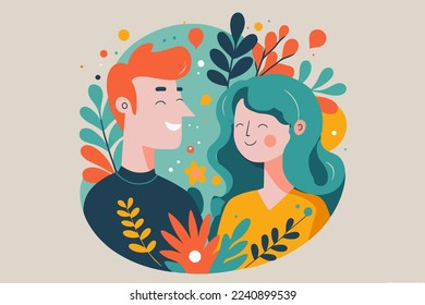 illustration of young couple portrait in love happy smiling joyful boy girl on valentine in vector flat color cartoon style
