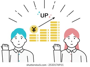 Illustration of young couple raising fists in celebration of increased money