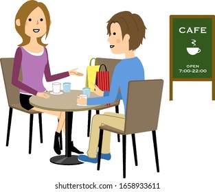 Illustration of a young couple relaxing in a cafe.