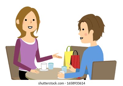 Illustration of a young couple relaxing in a cafe.