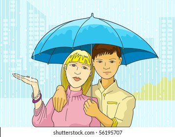 Ilustración de una pareja joven compartiendo un paraguas