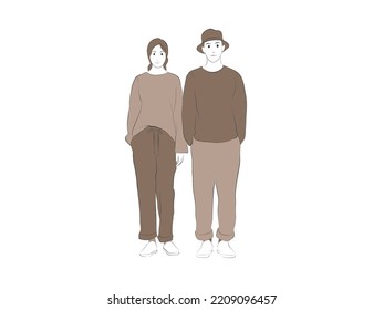 Illustration Of A Young Couple Standing In Matching Clothes Facing Forward