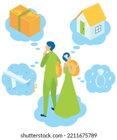 Es una ilustración de una pareja joven que piensa en el futuro del dinero.