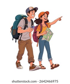 illustration of young couple travelers with backpack and city map