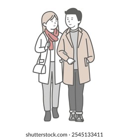 Ilustração de um jovem casal em roupas de inverno braço no braço