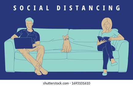 Illustration of a young couple working from home. Social distancing.