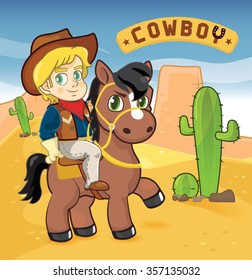 illustration of a young cowboy riding on horse in desert