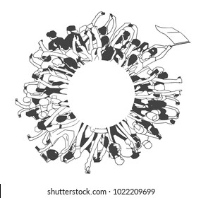 Illustration of young crowd cheering and partying at concert in round composition in black and white