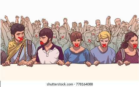 Illustration of young crowd demonstrating with red tape on their mouth and holding hands in color