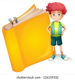 Illustration of a young curly boy and a big book on a white background