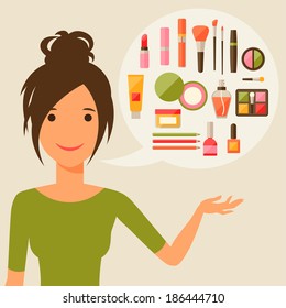 Illustration of young cute girl with makeup.