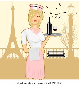 illustration of young cute waitress holding serving tray in one hand and towel draped over her serving customers with eiffel tower on the background
