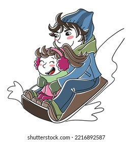 Illustration of a young dad with his daughter playing in the snow with a sled
