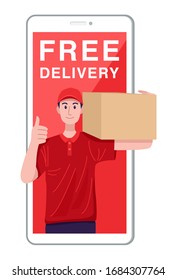 Illustration of young delivery man holding a parcel and coming out of smartphone. Vector