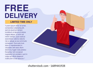 Illustration of young delivery man holding a parcel and coming out of tablet. Vector