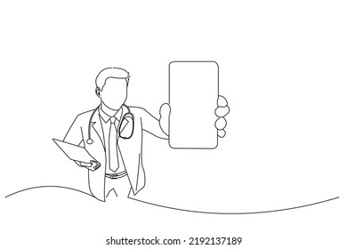 Illustration of young doctor holding a mobile phone. Outline drawing style art
