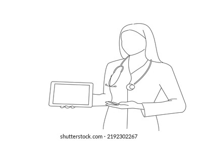 Illustration of young doctor in white coat showing the screen of digital tablet in her hand. Outline drawing style art
