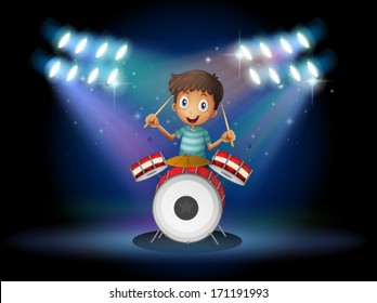 Illustration of a young drummer at the center of the stage