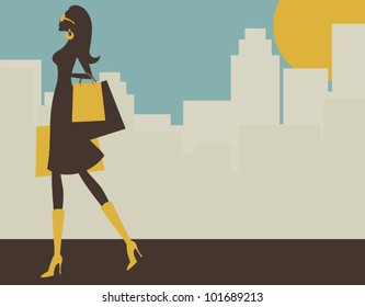 Illustration of a young elegant woman shopping in the big city.