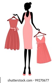 Illustration of a young elegant woman shopping for a dress.