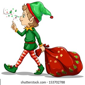 Illustration of a young elf dragging a sack of gifts on a white background