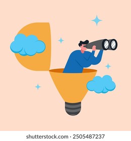 Illustration of a Young Entrepreneur Starting a Career Process. Vector Concept of Character Flying Above the Clouds