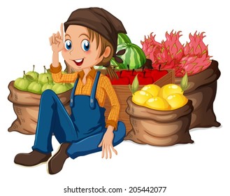 Ilustración de un joven agricultor cerca de sus frutos cosechados en un fondo blanco