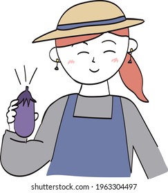 Illustration of a Young Farmer Woman Holding Eggplant