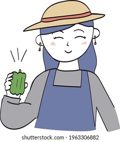 Illustration of a Young Farmer Woman Holding Green Pepper