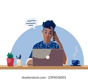 Illustration of a young, fashionable, black woman talking to a call center or having a meeting over work