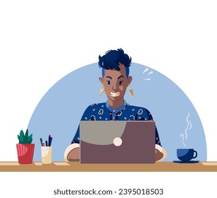 Illustration of a young, fashionable, black woman happily using a laptop at home