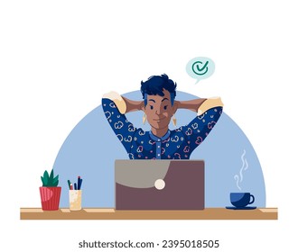 Illustration of a young, fashionable, black woman successfully completing a task on her laptop at home